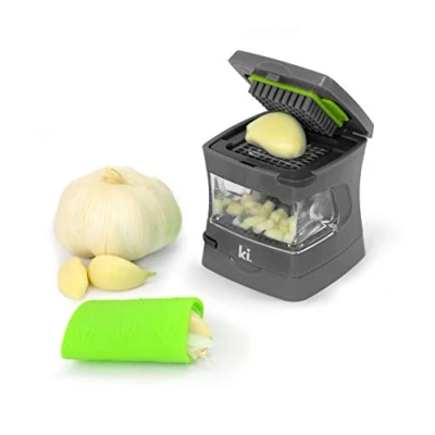 Image of Kitchen Innovations Garlic A Peel Press, Crusher, Cutter, Mincer, and Storage Container Includes Silicone Peeler Easy to Clean Stainless Steel Blades (Grey)