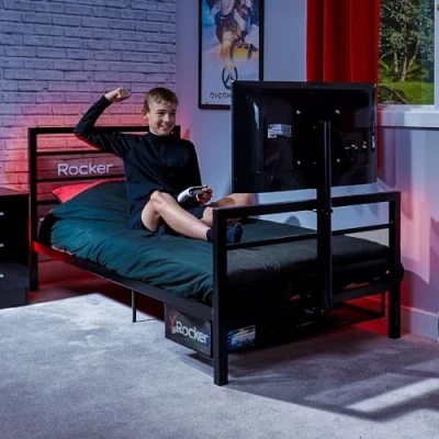 Image of X Rocker Basecamp TV Gaming Bed with Rotating Mount, Storage and Cable Management, Single 3ft Low Sleeper Bedstead, Metal Frame, Ideal for Kids Bedroom, Up to 32&quot; Supported Black