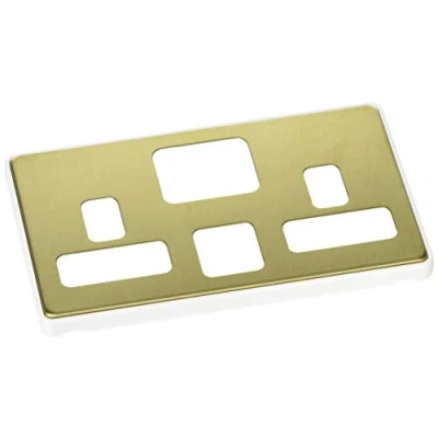 Image of MK Dimensions 2 Gang 13A USB DP Dual Earth Switch Socket Satin Brass Finish Frontplate with a White Trim