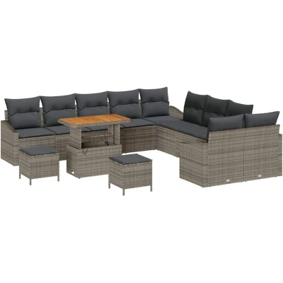 Image of vidaXL 13 Piece Garden Sofa Set with Cushions Grey Poly Rattan Acacia