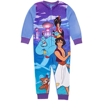 Image of Disney Aladdin Girls Onesie In Blue Kids All One Fleece Pyjama Loungewear Genie Jafar Abu PJs Sleepsuit Nightwear Movie Pajama Bodysuit Romper Merchandise Gift for Children
