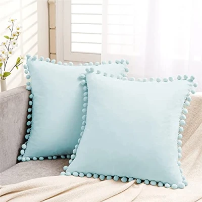 Image of Topfinel Cushion Covers 45x45,Boho 18 x inches, Duck Egg Outdoor Velvet Pom Soft Cover Blue with Invisible Zip for Sofa Chair Living Room,Pack of 2…