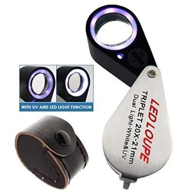 Image of 20X Jewelers Loupes Magnifier Pocket Jewelry Loupe Glass Folding Magnifying Illuminated Tool with 21mm UV and LED Light for Eye Rocks Stamps Coins Watches Hobbies Antiques Gems