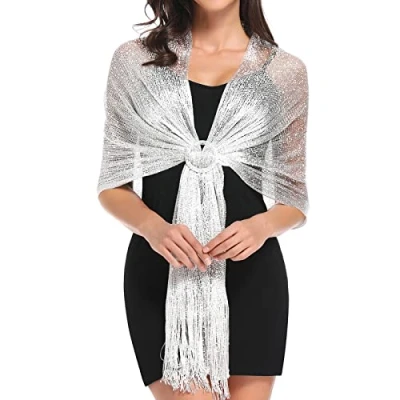 Image of vimate Silver Shawl for Women, Glittering Metallic Scarf and Wraps Evening Patry Dresses（UK Silver）