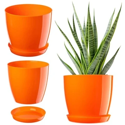 Image of KADAX Plant Pot, Plastic Flowerpot with matching Tray, Indoor Planter in several colours, Lightweight and Waterproof Pot for Office Living Room (⌀20cm, Orange)