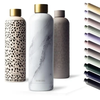 Image of MAMEIDO Metal Water Bottle 1l, 750ml &amp; 500ml Leak Proof Insulated Bottle. BPA Free Stainless Steel, Thermo Flask (White Marble Gold, 1000ml)