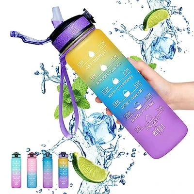 Image of Gaiayhc Sports Water Bottle 1 L,Motivational with Time Marker and Straw,30oz Leakproof Design Sports,Hiking,Gym,Fitness,Outdoor,Cycling,School &amp; Office