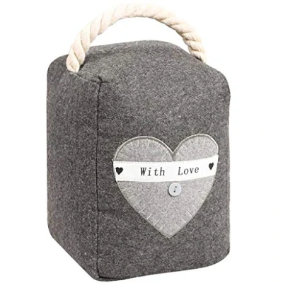 Image of Grey Fabric Door Stop 1.4kg Embroidered Heart Weight Doorstop Stay