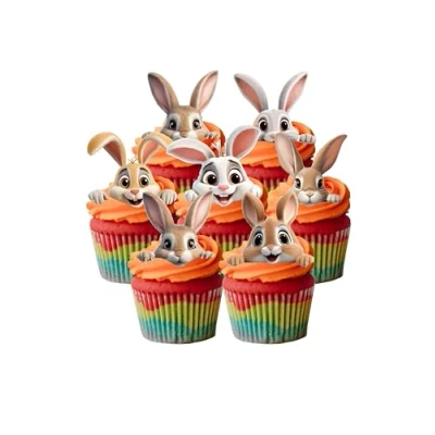 Image of 12 Stand Up Easter Bunny Rabbit Heads Ears Themed Edible Wafer Paper Cake Toppers Decorations