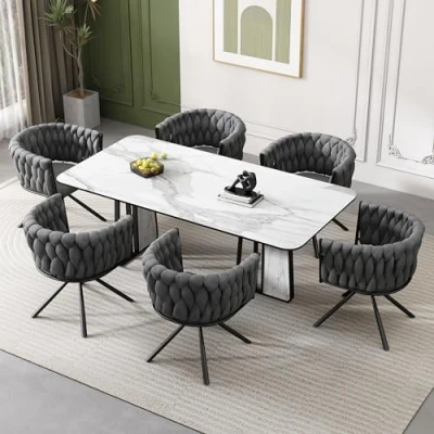 Image of ModernLuxe Dining Chairs Set of 6, 360 Swivel Chairs, Light Luxury Kitchen with Curved Backrest and Metal Support Legs, Velvet for Living Room Vanity, Grey