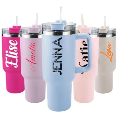 Image of EKAM Personalised Tumbler with Handle and Straw, Customized 40oz/1135ml Insulated Stainless Steel Travel Coffee Cup Name, Customise Any Gift for Occasion