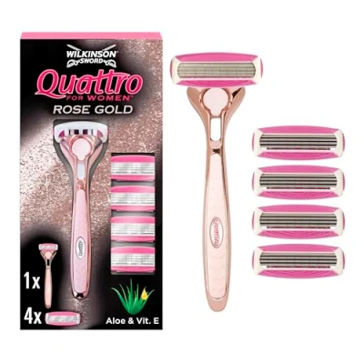 Image of WILKINSON SWORD Quattro For Women Premium Metal Rose Gold Razor Handle + 5 Blade Refills