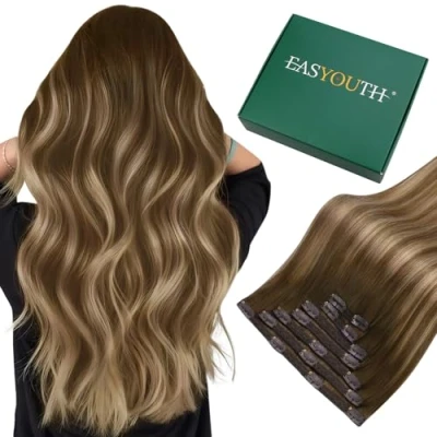 Image of Easyouth Balayage Hair Extensions Clip in Real Brown Ombre Human Medium to Honey Blonde 18 Inch 120g 7Pcs