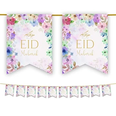 Image of Eid Mubarak Bunting Decorations (Floral Pastel Watercolour Design) Happy Banner, Flags Hanging Decor for Home Domes Lanterns Moon