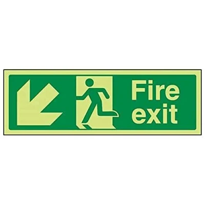Image of V Safety Glow In The Dark Fire Exit Arrow Down Left Sign 450mm x 150mm Self Adhesive Vinyl
