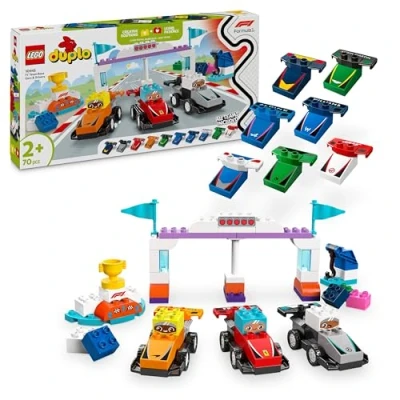 Image of LEGO DUPLO Town F1 Team Race Cars &amp; Drivers Building Toy for Imaginative Play, Formula One Birthday Gift 2 Plus Year Old Toddlers, Boys Girls, Helps Build Fine Motor Skills 10445