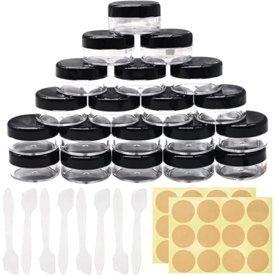 Image of Jicyor Travel Cosmetic Jar, 20g/20ml Empty Sample Pots 20pcs Small Containers with 20 Mini Spatula and Stickers Clear Plastic Container Jars for Cream