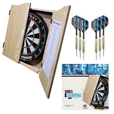 Image of Target Darts Home Cabinet Set World Champions Dartboard with 2 Sets of Darts, Light Brown