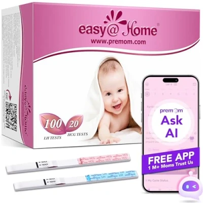 Image of Easy@Home 100 x Ovulation Test Strips and 20 Pregnancy Fertility Kit, Powered by Premom Predictor iOS Android App (100 LH + HCG)