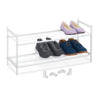 Image of Relaxdays Metal Rack for Hallway, 2 Levels, Stackable, HWD 33.5 x 70 26 cm, 6 Pairs of Shoes, Open, Steel, White