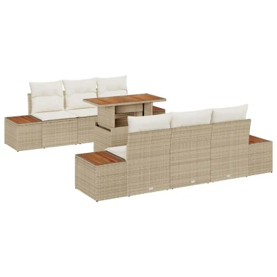 Image of vidaXL 7 Piece Garden Dining Set with Cushions Beige Poly Rattan Acacia