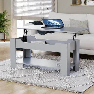 Image of Vida Designs Lift Up Coffee Table With Large Hidden Storage Compartment and Shelf, H 48 60 x L100 W48 cm (Grey)
