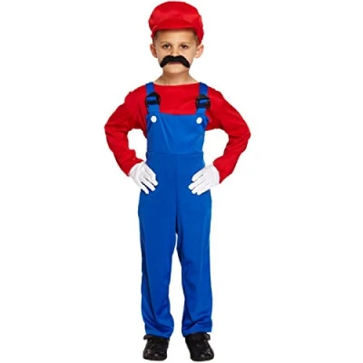 Image of HENBRANDT Children’s Green Super Plumber Fancy Dress Costume Retro 1980s Videogame + Blue Overalls Moustache Brothers Size Medium Ages 7 9 for Boys Workman Outfit Kids
