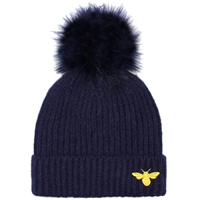 Image of TeddyT&#039;s Ladies Luxury Fleece Lined Embroidered Bumble Bee Rib Bobble Hat (French Navy &amp; Gold)