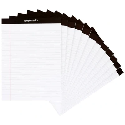 Image of Amazon Basics Legal/Wide Ruled 21.6 cm by 29.8 Legal Pad, White (50 Sheet Paper Pads, 12 Pack)
