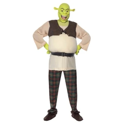 Image of Smiffy Shrek Adult Costume in Green, Top, Trousers, Hands &amp; Mask, Official License Outfit with Padded Stomach Latex Mask Gloves, Transform into the Beloved Ogre!