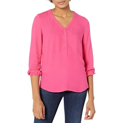 Image of Amazon Essentials Women&#039;s 3/4 Sleeve Button Popover Shirt, Bright Pink, S