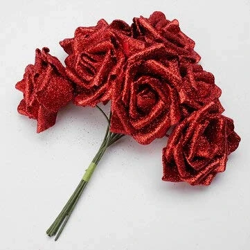Image of Young21 7Pcs Artificial Bouquet Glitter Foam Flowers Wedding Bridal Party Decor Diy Rose Red
