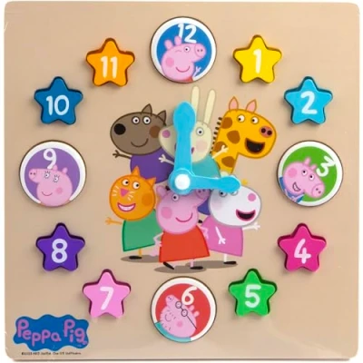Image of RMS Peppa Learning Clock 12pc Wooden Shape Sorter Early Development Toy Pig Shapes &amp; Colours Puzzle Game