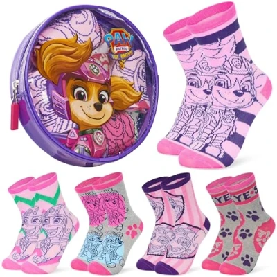 Image of Paw Patrol Girls Calf Socks, Soft Breathable Kids Socks Pack of 5 Gifts (Purple/Pink, 8/11.5 UK)