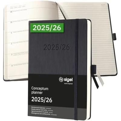 Image of SIGEL C2603 Weekly Note Calendar 2025/2026, Approx. A5, Black, Hardcover, 256 Pages, Elastic Band, Pen Loop, Archive Pocket, Made of Sustainable Paper, 18 Month Calendar, Conceptum