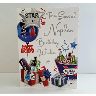 Image of Jonny Javelin Special Nephew Birthday Wishes Card Balloons Presents Beer Bottles Ice Bucket