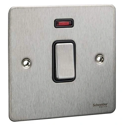 Image of Schneider Electric Ultimate Flat Plate Single Light Switch, with Neon Indicator, Double Pole, 32A, GU4231BSS, Stainless Steel Black Insert