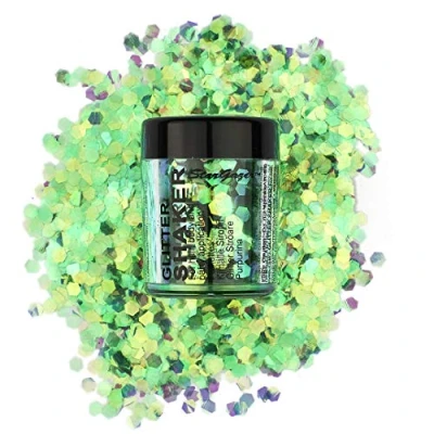 Image of Stargazer Chunky glitter Shaker, UV Green. Cosmetic for use on the eyes, lips, face, body, hair and nails.