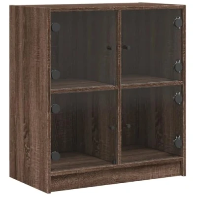 Image of vidaXL Side Cabinet with Glass Doors in Brown Oak Modern Storage Unit for Living Room, Engineered Wood Display (68x37x75.5 cm)