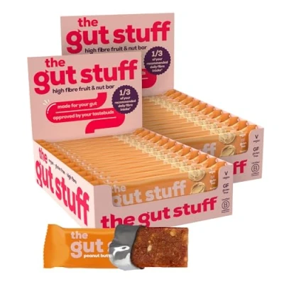 Image of The Gut Stuff High Fibre Fruit &amp; Nut Bars Peanut Butter Flavour 24 x 35g Bar Box Friendly Snack, Gluten Free, Vegan, Low Calorie, All Natural