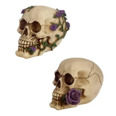 Image of Puckator Skull with Purple Rose, Multi, Height 11cm Width 9.5 10.5cm Depth 14cm