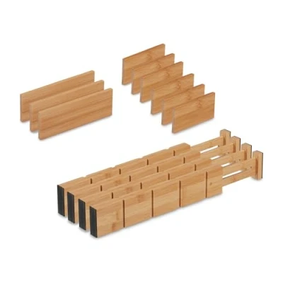 Image of Relaxdays Drawer Divider, 13 Pieces, Adjustable Length from 34 to 43.5 cm, Kitchen Storage, Organiser, Bamboo, Natural, 6 x 1.5 cm