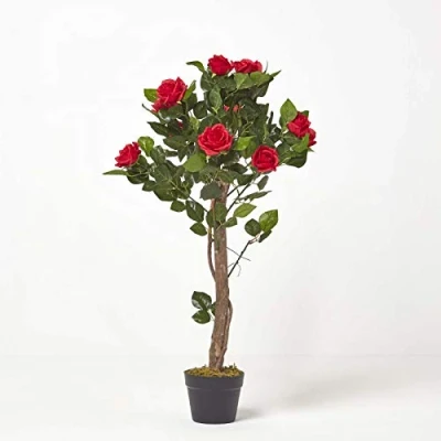 Image of HOMESCAPES 3 ft Red Artificial Rose Tree Lifelike Petals and Leaves Indoor Plant for Weddings