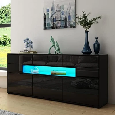 Image of Black Sideboards for Living Room, Modern Kitchen Cabinet with 3 Doors 5 Drawers Open Case, Led Storage Cupboard TV Stand Unit Light, 150 x 35 72cm