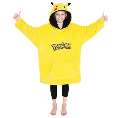 Image of Pokemon Hoodie for Boys Teenagers Pikachu Oversized Blanket Kids Fleece Poncho One Size Gifts (Yellow/Black Pikachu)