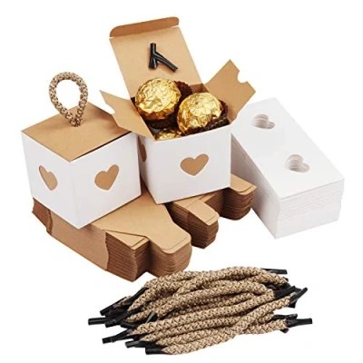 Image of Belle Vous 50 Pack Small White &amp; Brown Heart Gift Boxes 5.5 x 5.5cm/2.17 2.17 inches Wedding Favour Paper Candy Kraft Anniversary, Birthday Party, Bridal/Baby Shower