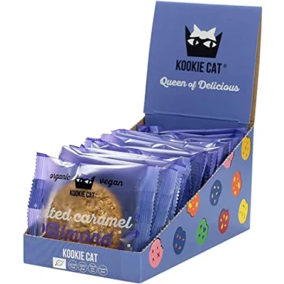 Image of Kookie Cat Salted Caramel Almond Individually Wrapped Vegan Cookies, Gluten Free, Soy Bio and Organic, &amp; Oat, 12 X 50g Multipack