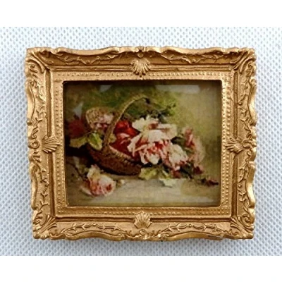 Image of Melody Jane Dolls House Basket of Roses Picture Painting Gold Frame Miniature Accessory