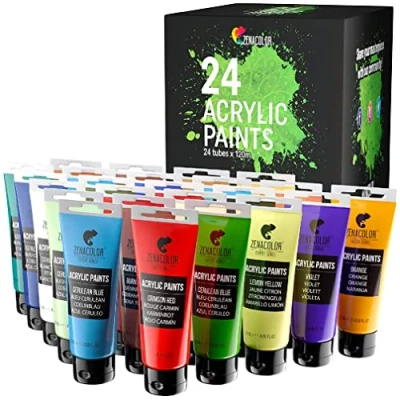 Image of Zenacolor Set of 24 Acrylic Paints, x 120 ml Tubes, Colours Paint for Canvas, Wood, Arts and Crafts, Adults