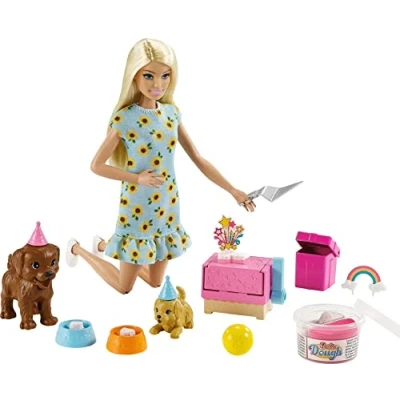 Image of Barbie Doll and Puppy Party Playset with 2 Pet Puppies, Dough, Cake Mold Accessories, Gift for 3 to 7 Year Olds GXV75